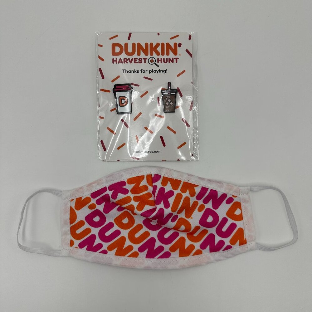 Dunkin' Donuts Reusable Face Mask and Harvest Hunt Pin Set / New Without Tags